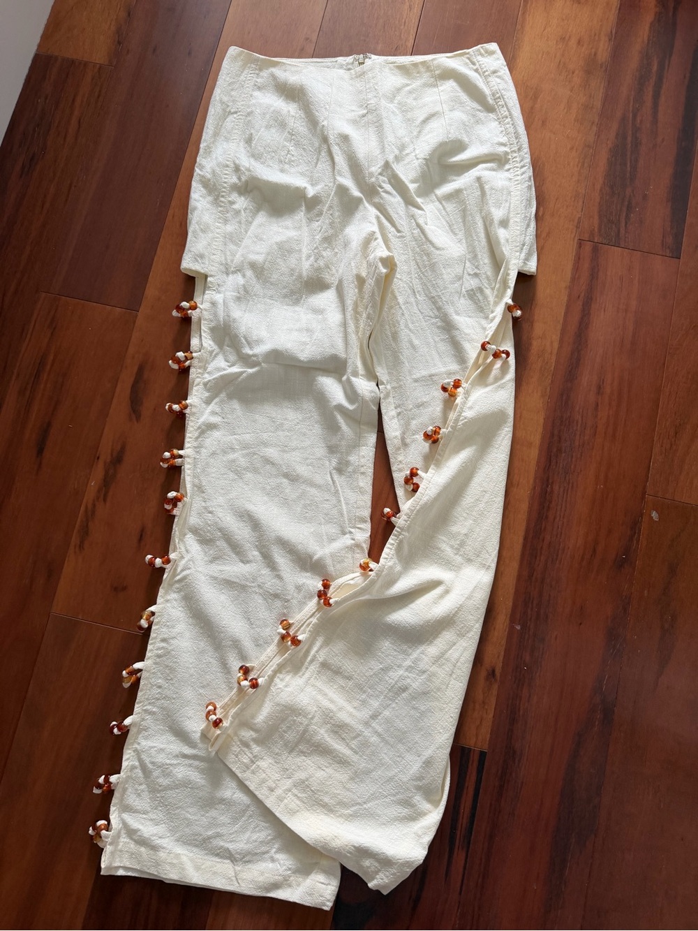 Women's Cream Wide-Leg Trousers with Bead Trim
